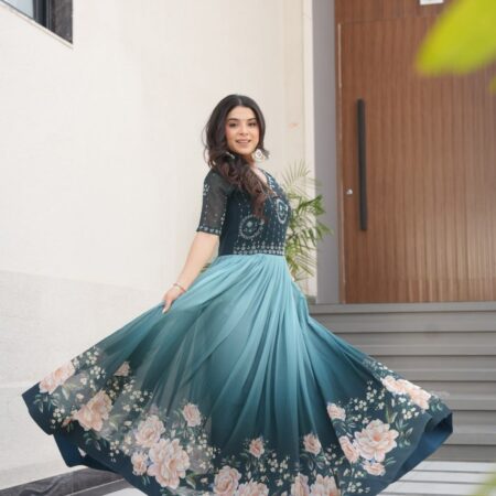 Women's Elegant Teal & Aqua Ombre Gown with Floral Printed Flair & Embellished Bodice – Perfect for Summer Festivities & Parties